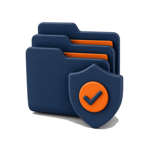 A 3D icon of a folder stack protected by a security checkmark shield, representing verified documents ready to show a dealer.